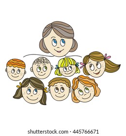 The teacher and the children. Vector illustration.
