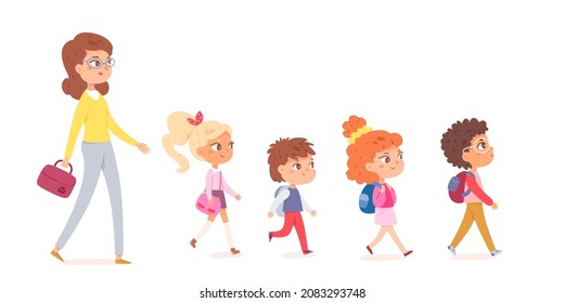 Teacher and children walk in row together outdoor vector illustration. Cartoon safe elementary school or kindergarten road and street walk, cute boy and girl students with backpacks isolated on white