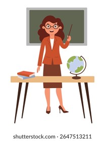 Professor em aula de geografia que conduz aula com globo e livros durante o dia escolar. Mulher de negócios em estilo plano isolado no fundo branco. Ilustração vetorial.