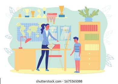 Teacher In Class Swear At Student For Misbehavior. Woman Stands At Her Desk And Rises Above Guilty Boy. There Many Awards And Medals In Class, World Map And Diplomas Hanging On Wall.