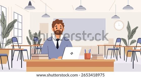 Teacher in classroom back to school concept modern classroom interior with male teacher at desk laptop plants chairs books daylight flat design