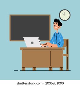 Teacher at the classroom desk working on a laptop flat vector illustration