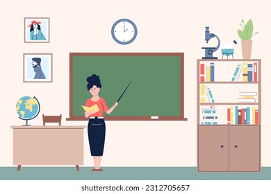 Maestra en clase. Escuela plana o universidad y profesora joven en pizarra. Cursos de educación, conferencista o enseñanza de escenas vectoriales recientes