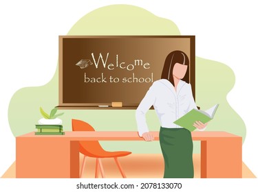A teacher in the classroom. The girl with the book at the blackboard. School and learning concept, teacher's day. Cute vector illustration in the style of a flat cartoon.
