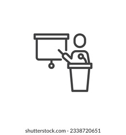 Icono de la línea de profesor en aula. Altavoz de presentación de pie en señal de estilo lineal de escenario para concepto móvil y diseño web. Icono de vector de esquema de enseñanza de formación. Símbolo, ilustración de logotipo