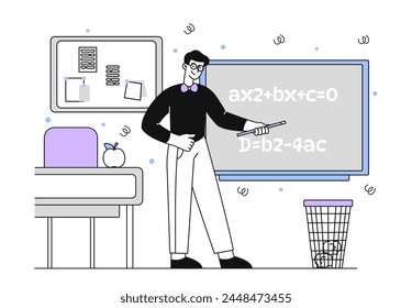 Teacher at classroom linear. Man with pointer near chalkboard with math equation. Education, learning and training. Lesson at school, college or university. Doodle flat vector illustration