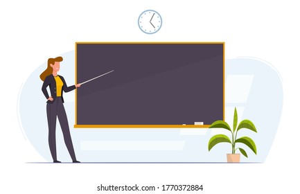 Teacher in classroom near chalkboard conduct lesson. Cartoon flat women with pointer teaching, young professor at university or college giving lecture or seminar, education vector concept