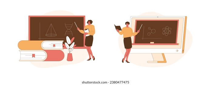 Maestra en clase, enseñanza en línea. Ilustración vectorial, adecuada para página de inicio web, ui, aplicación móvil