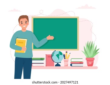 Teacher in classroom. School and learning concept, teacher s day. Cute vector illustration in flat cartoon style