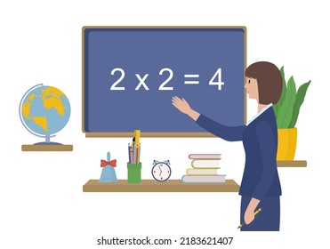 Teacher in classroom. School and learning concept, teacher s day. Flat style. Vector illustration