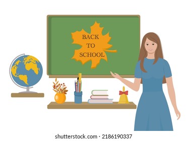 Teacher in classroom. School and learning concept, teacher s day. Flat style. Vector illustration
