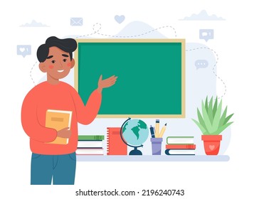 Teacher in classroom. School and learning concept, teacher s day. Cute vector illustration in flat cartoon style