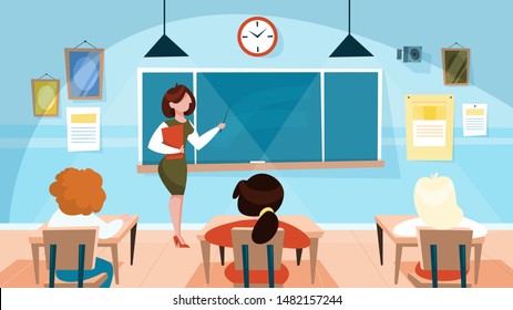 Teacher in the classroom standing at the blackboard in front of the children. Elementary school, kids study. Vector illustration in cartoon style