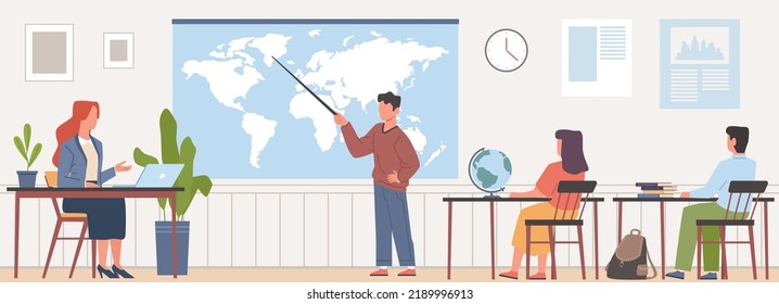 Maestra en clase. Respuestas estudiantiles en pizarra, lección de geografía, chico con puntero, mapa del mundo, aprendizaje infantil, escuela universitaria o clase universitaria hoy en día cartografía vectorial concepto plano