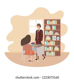 teacher in the classroom with student avatar character