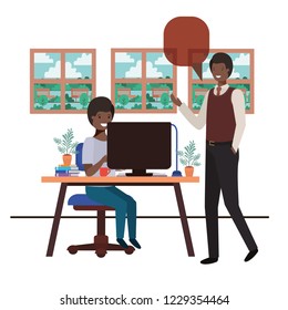 teacher in the classroom with student and speech bubble