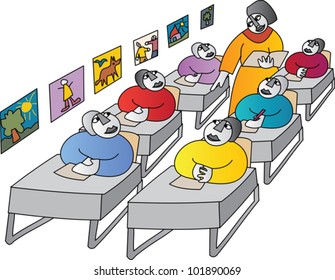 Teacher in a classroom teaching young children sitting at their desks