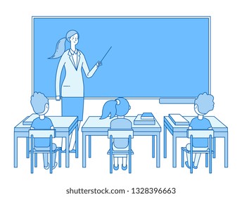 Teacher in classroom. Young woman at blackboard teaching, kids students studying in class. Elementary school education vector concept