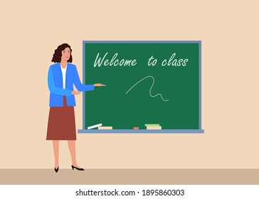 Teacher in a classroom.School teacher, educational worker standing beside chalkboard,   giving lecture.E-learning online education concept illustration.Vector illustration.
