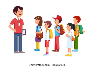 Teacher or coach talking to a group of kids boys and girls. Training them before going to a trip. Colorful flat style cartoon vector illustration.