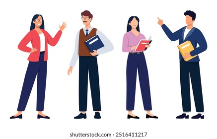 Conceito de coleção de professores. Personagens masculinos e femininos explicam classes isoladas sobre fundo branco. Ilustração vetorial.