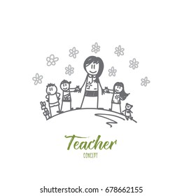 Teacher Concept. Hand Drawn Portrait Of Teacher With Pupils. Group Of Learners With Female Teacher Isolated Vector Illustration.