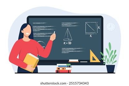 Teacher concept illustration. Happy teacher pointing at the blackboard. Young teacher woman explain in front of class. Vector illustration.
