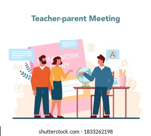 Teacher concept. Profesor planning curriculum, meeting parents. School or college workers. Idea of education and knowledge. Isolated flat vector illustration