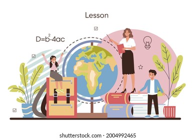 Teacher concept. Professor giving a lesson in a classroom. School or college workers. Idea of education and knowledge. Isolated flat vector illustration