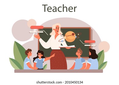 Lehrerkonzept Professor, der eine Unterrichtsstunde in einem Klassenzimmer abgibt. Schularbeiter oder Hochschularbeiter. Idee von Bildung und Wissen. Einzelne flache Vektorgrafik