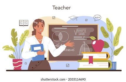 Teacher concept. Professor giving a lesson in a classroom. School or college workers. Idea of methodical academic education. Isolated flat vector illustration