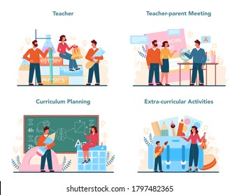 Teacher Concept Set. Profesor Planning Curriculum, Meeting Parents. School Or College Workers. Idea Of Education And Knowledge. Isolated Flat Vector Illustration