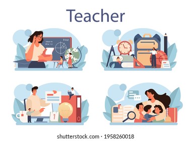 Teacher concept set. Profesor standing in front of the blackboard.