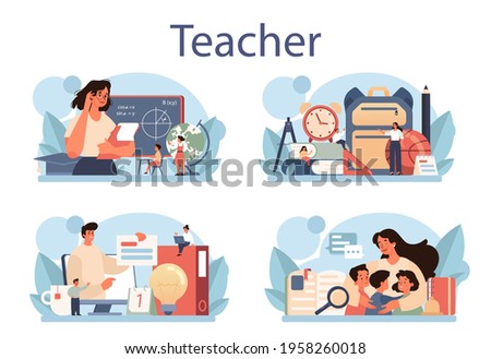Teacher concept set. Profesor standing in front of the blackboard.