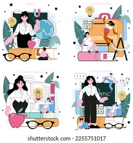Teacher concept set. Professor conduct a lesson in a classroom. School or college worker. Idea of education and knowledge. Flat vector illustration