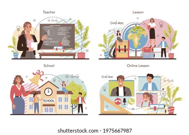 Teacher concept set. Professor giving a lesson in a classroom. School or college workers. Idea of education and knowledge. Isolated flat vector illustration