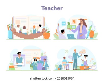 Teacher concept set. Professor giving a lesson online or in a classroom. School or college workers. Idea of education and knowledge. Isolated flat vector illustration