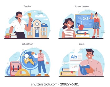 Teacher Concept Set. Professor Giving A Lesson In A Classroom. School Worker Teaching Children School Curriculum. Idea Of Methodical Academic Education. Isolated Flat Vector Illustration