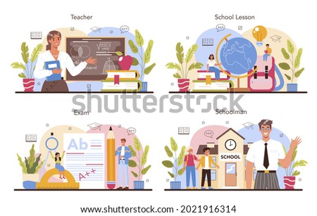 Teacher concept set. Professor giving a lesson in a classroom. School or college workers. Idea of methodical academic education. Isolated flat vector illustration