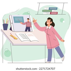 Teacher conduct lessons online for school pupils or university students. Video course, conference, web seminar, internet class, personal teacher service for individual distant home self education