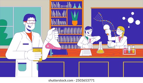 Teacher conducting chemical experiments with students cartoon flat illustration. Children learning chemistry with tutor 2D characters colorful background. School lesson scene vector storytelling image