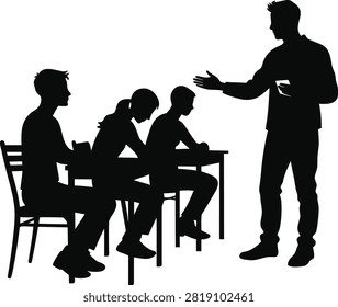 Teacher conducting group lesson with students at desk silhouette classroom education silhouette