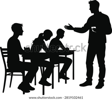 Teacher conducting group lesson with students at desk silhouette classroom education silhouette
