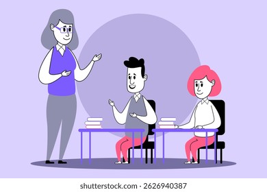 Teacher conducting lively discussion with two students seated at desks in modern classroom. Interaction and learning, educational engagement concept