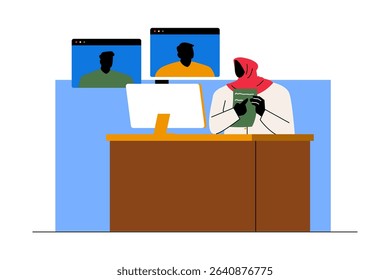 A teacher conducting an online class with students via video conferencing tools