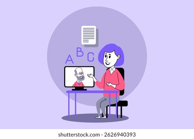 Teacher conducting online lesson from desk, speaking to student on computer screen. Educational materials, including notes around, contributing to productive learning environment