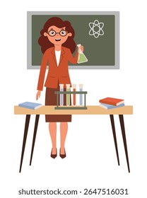 O professor realiza experimentos de química em sala de aula com tubos de ensaio coloridos e cartazes educativos. Mulher de negócios em estilo plano isolado no fundo branco. Ilustração vetorial.
