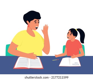 The teacher conducts an individual lesson with the student. To improve her knowledge of the subject, the girl studies with a tutor. Flat vector illustration.