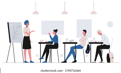 Teacher conducts a lesson in the classroom. Vector concept illustration of attractive female teacher at the blackboard explaining subject to students. Classroom interior modern concept illustration
