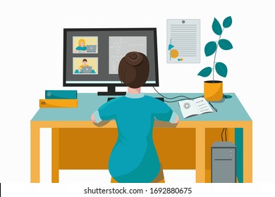 The Teacher Conducts Online Distance School Lessons With Children. Schoolchildren, Are Studying Online At Home Using A Computer And Laptop. Vector Illustration. Training In Urban Isolation.